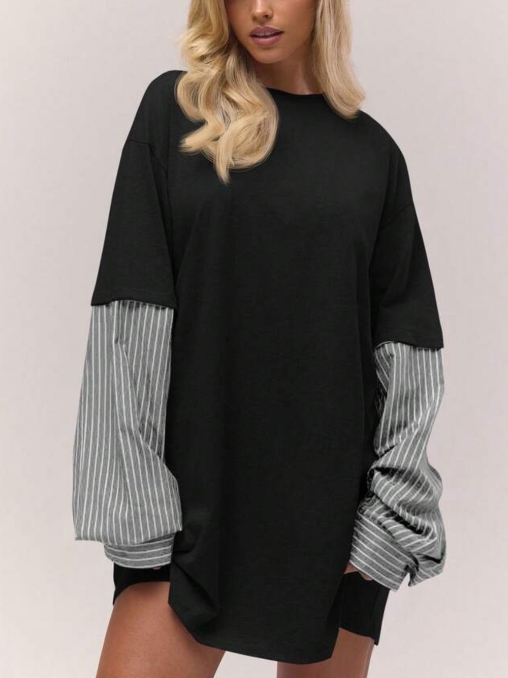 Black Mini Dress with Gray Striped Layered Sleeves